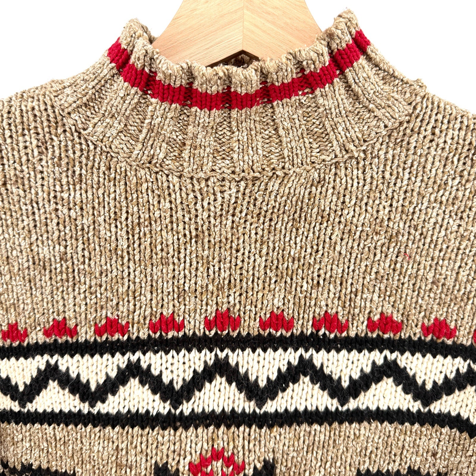 Vintage 90s Eddie Bauer Tan Red Fair Isle Reindeer Silk Blend Sweater