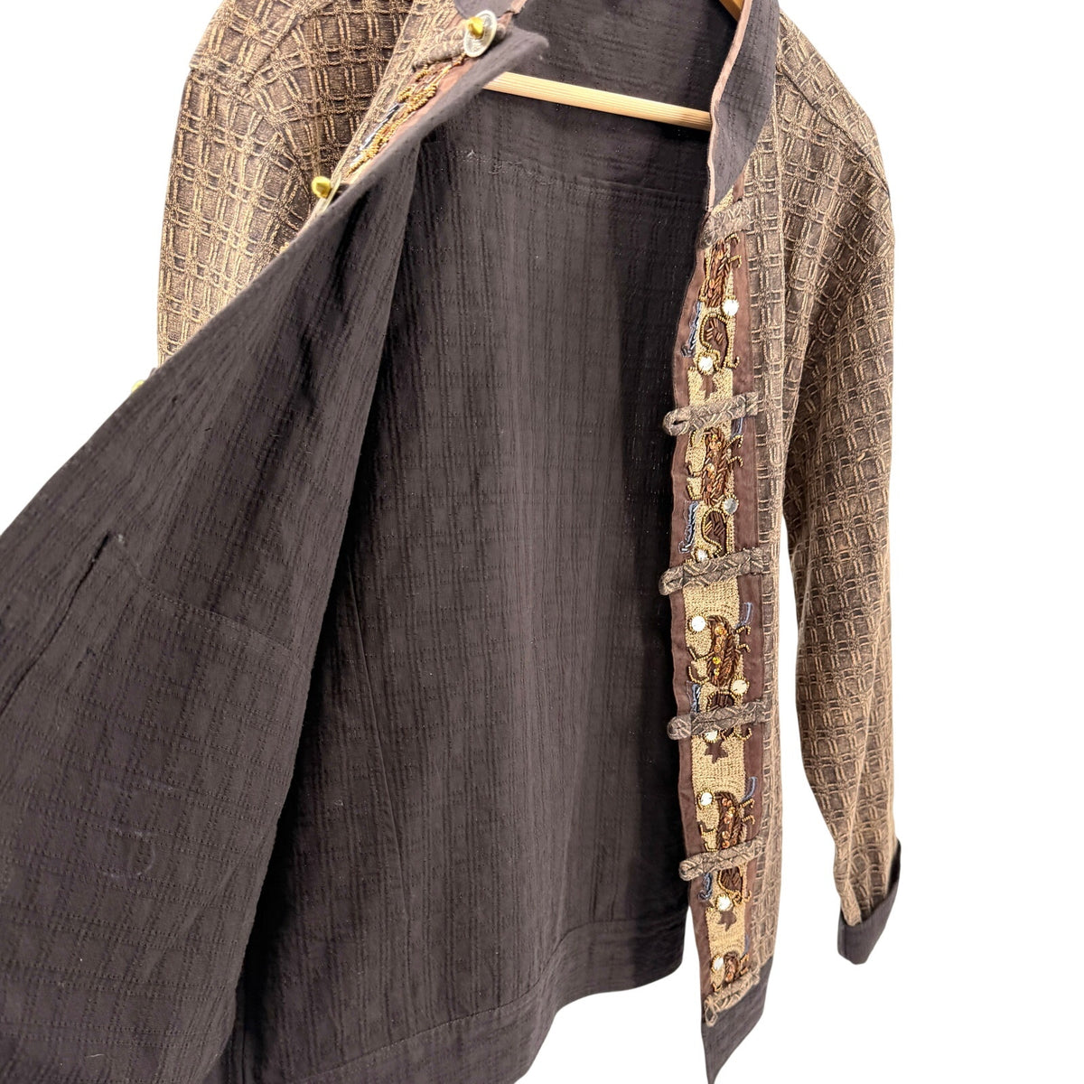Vintage Y2K Brown 100% Cotton Beaded Applique Frog Closure Jacket
