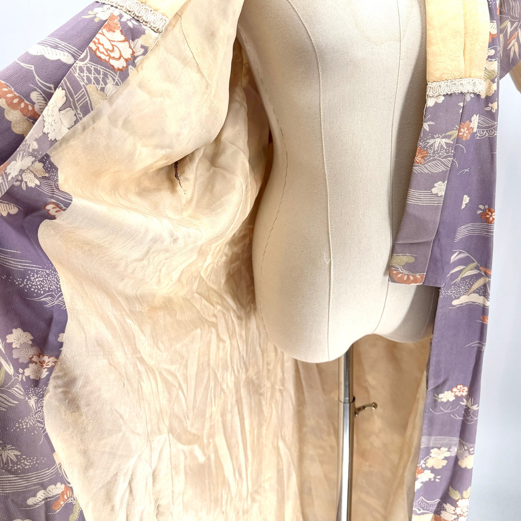 Vintage 50s Showa Era Purple 100% Silk Floral Nagajuban Loungewear Kimono Robe
