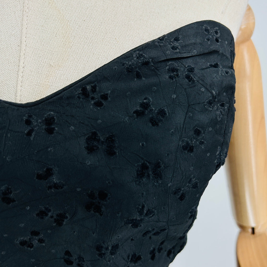 Vintage 60s Black Velvet Flocked Taffeta Strapless Peplum Dress