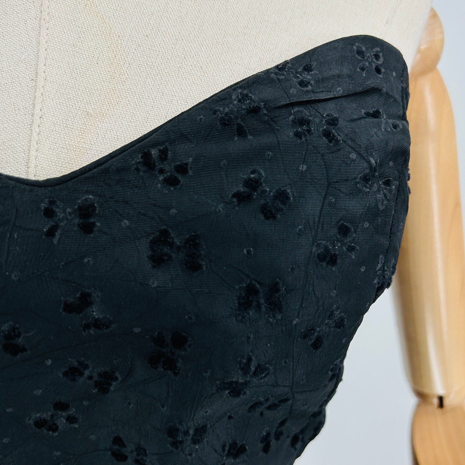 Vintage 60s Black Velvet Flocked Taffeta Strapless Peplum Dress