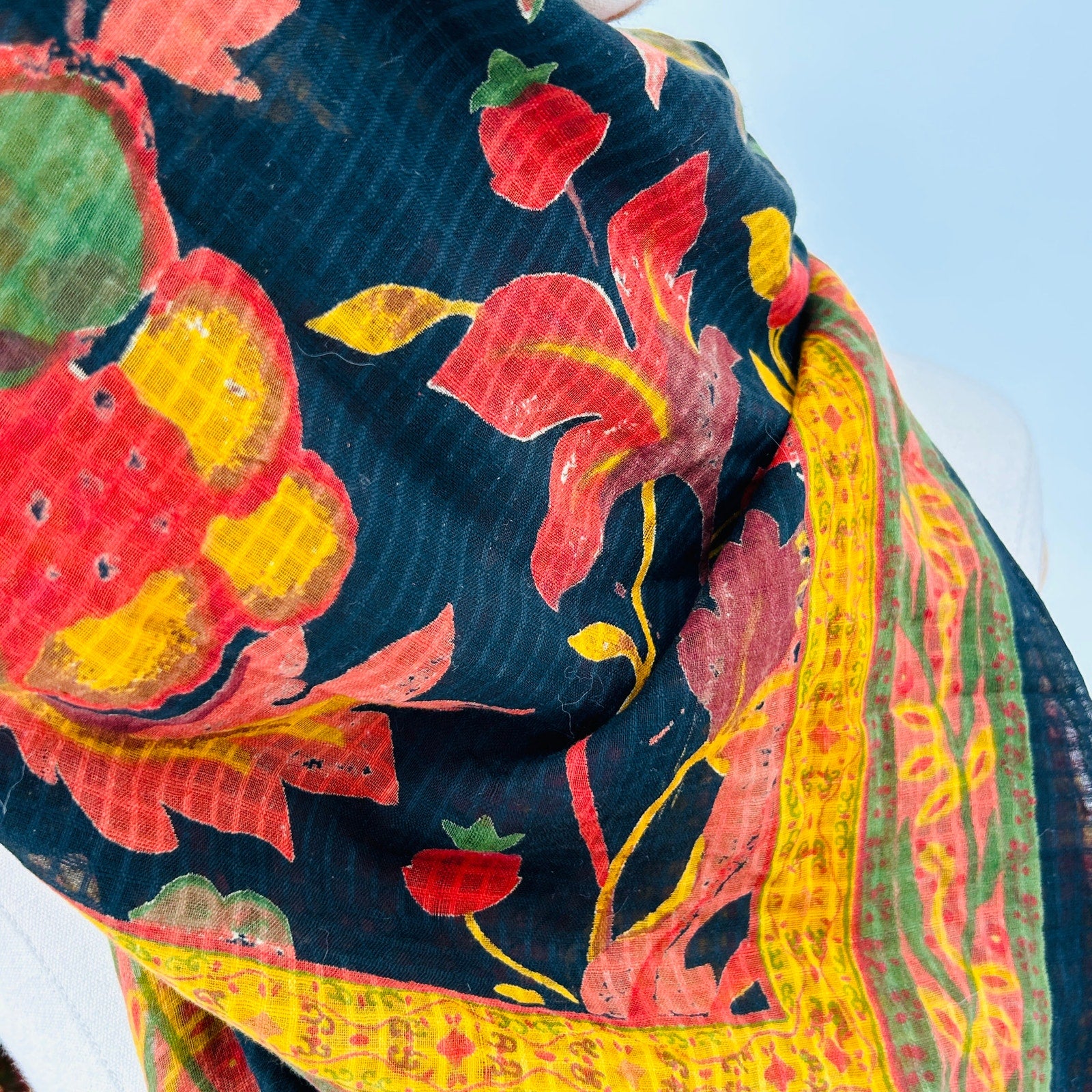 Vintage 70s Black Yellow Floral Handrolled Cotton Scarf