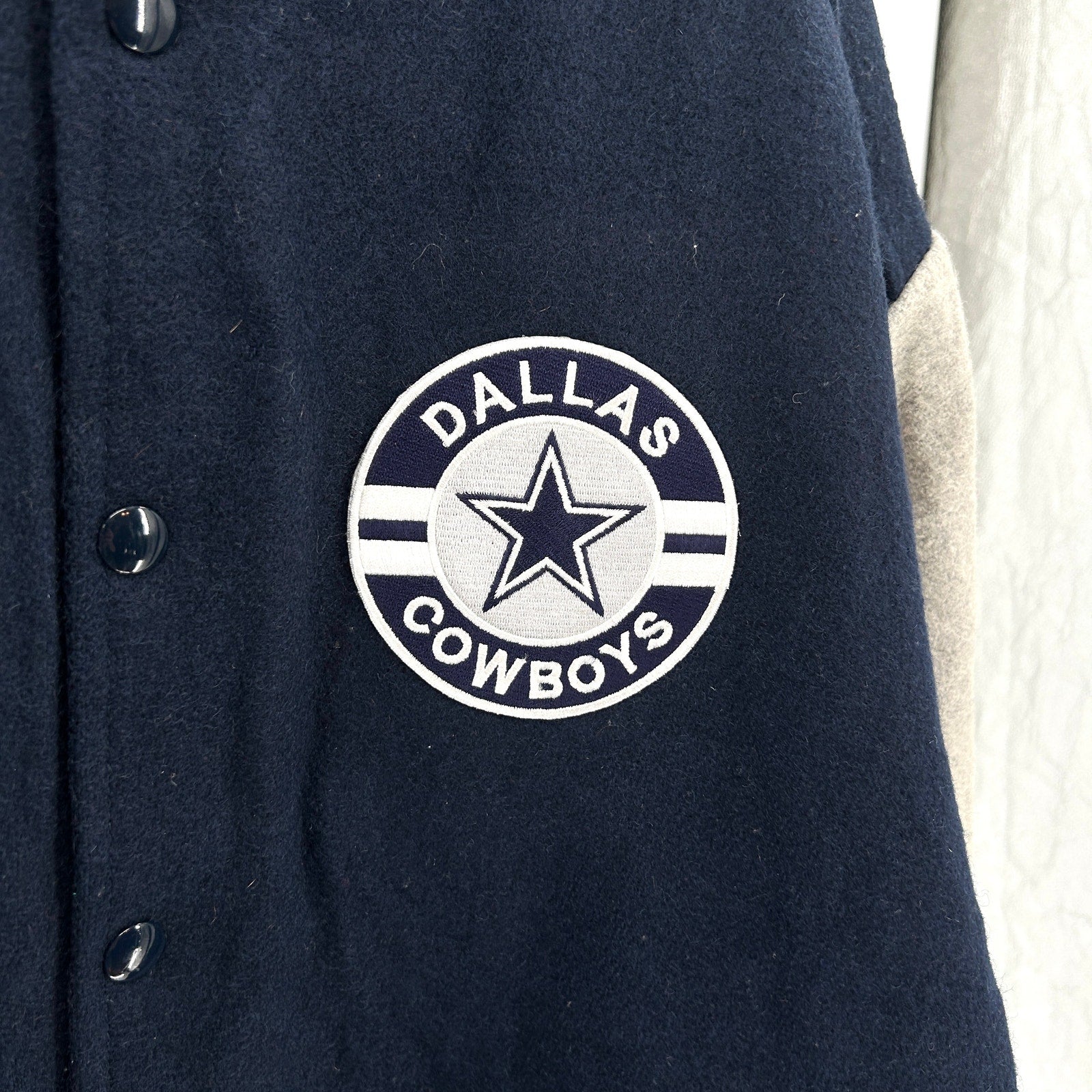 Vintage 90s Sportsmaster Navy Gray Varsity Jacket w/ Dallas Cowboys Patch