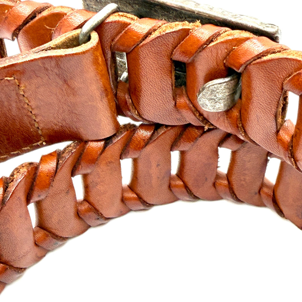 Vintage 90s Brown Genuine Leather Tribal Southwestern Heavy Cast Buckle Belt