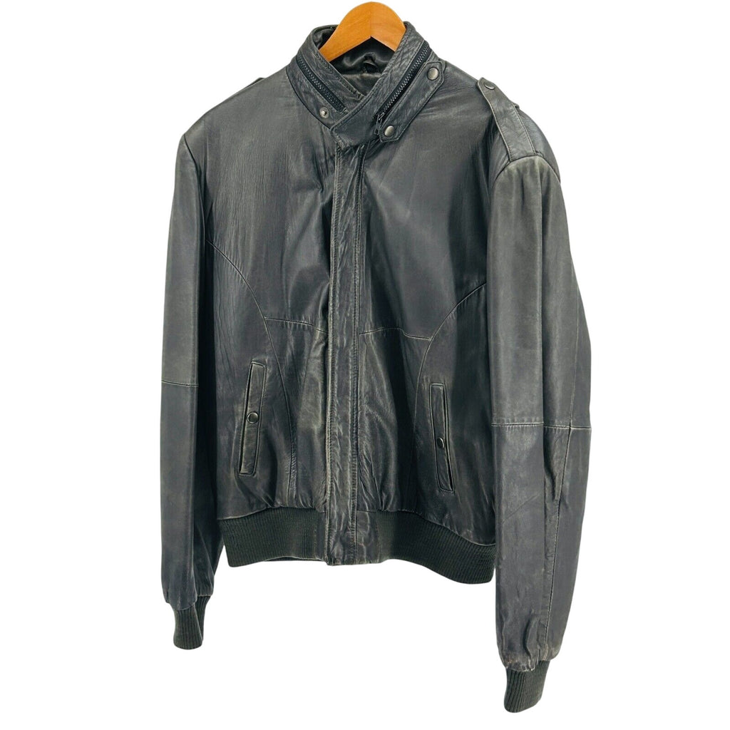Vintage 80s Bloomingdale's Black Genuine Leather Distressed Bomber Jacket
