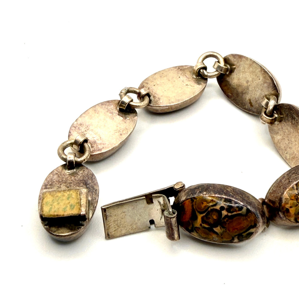 Vintage 90s Mexico Tan Sterling Silver Southwest Stamped Jasper Link Bracelet