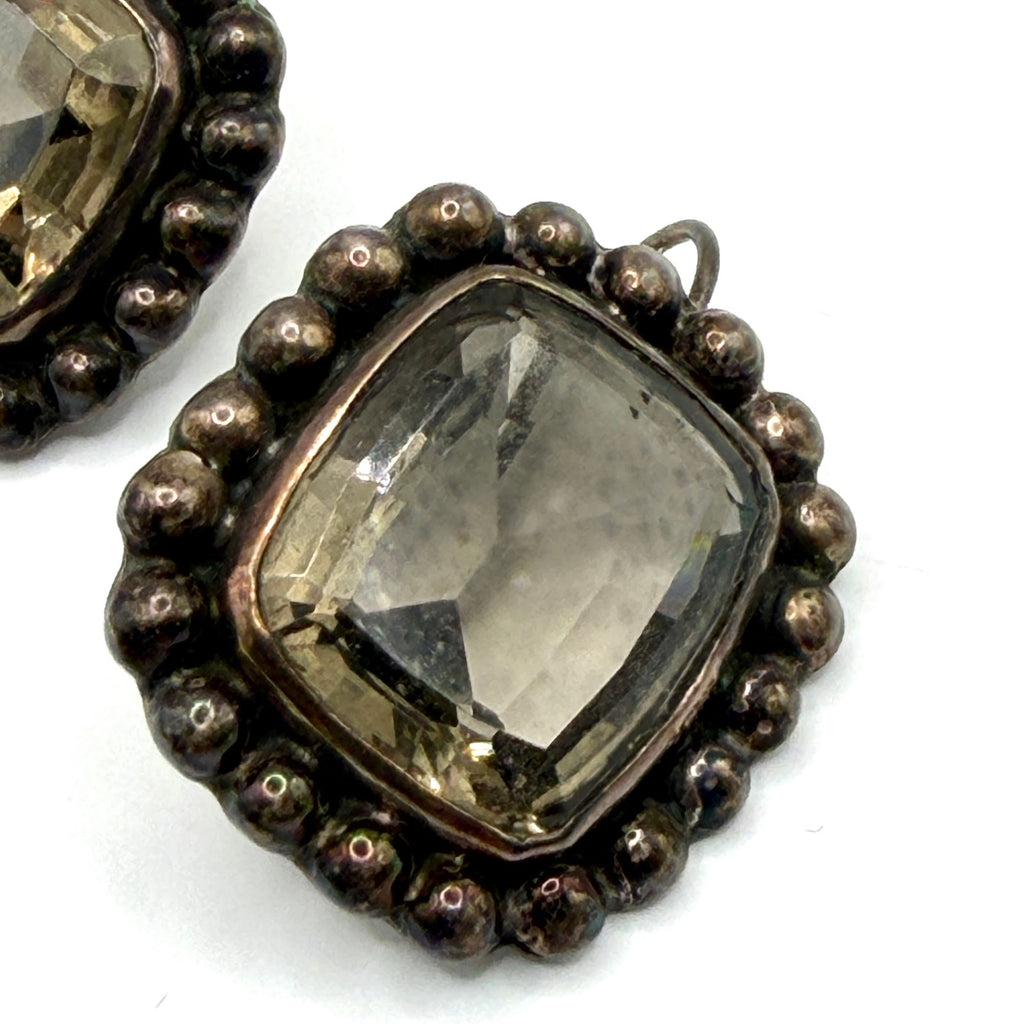 Vintage 90s Stamped Sterling Silver Smoky Quartz Cushion Drop Earrings