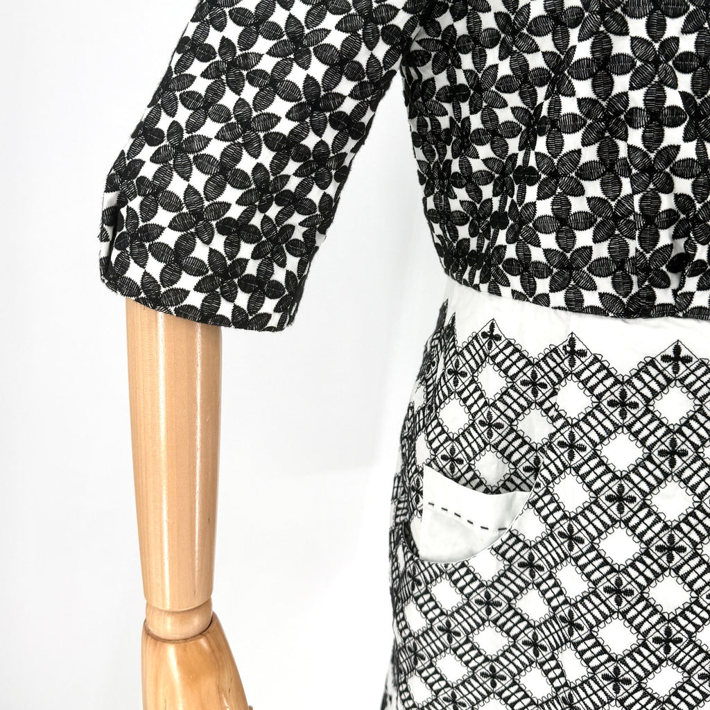 Elie Tahari Black White 100% Cotton Embroidered Eyelet Shift Coat Dress