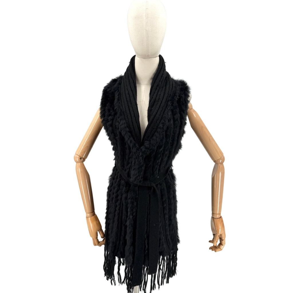 Vintage Y2K Fantazia Black Genuine Rabbit Fur Boho Fringe Self Tie Sweater Vest