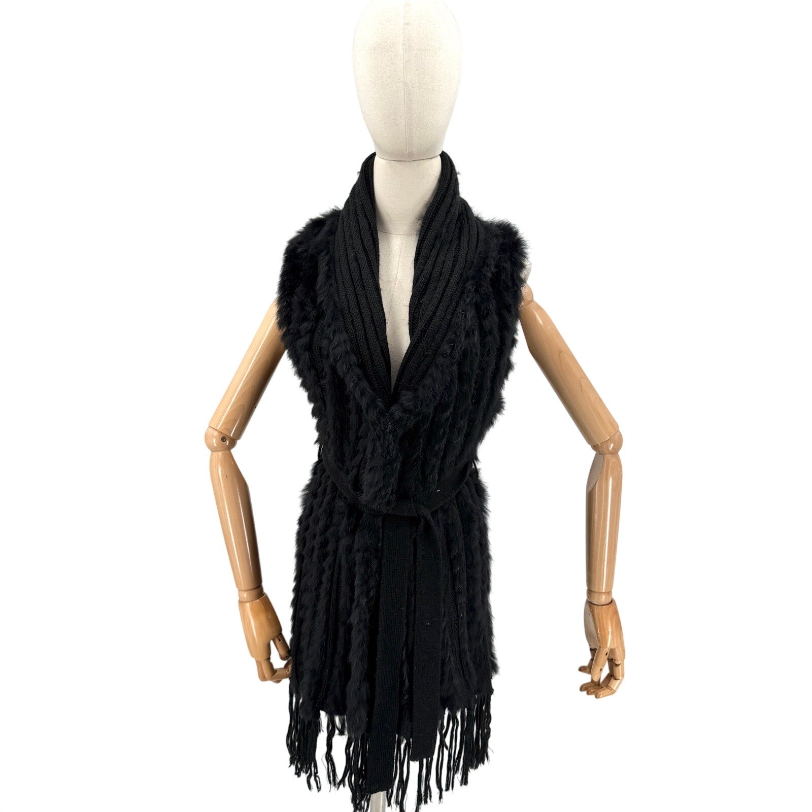 Vintage Y2K Fantazia Black Genuine Rabbit Fur Boho Fringe Self Tie Sweater Vest