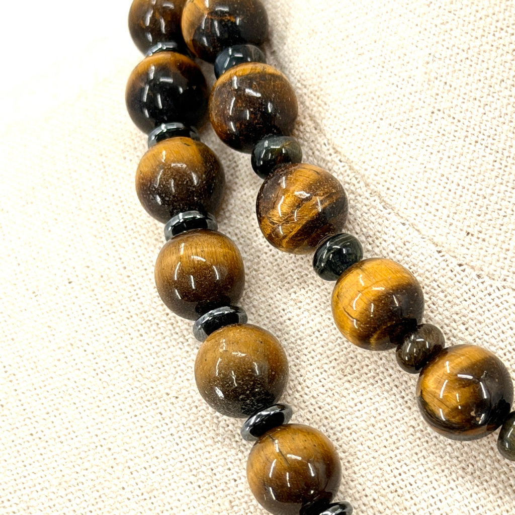 Vintage 90s Tiger's Eye Hematite Double Strand Toggle Statement Necklace