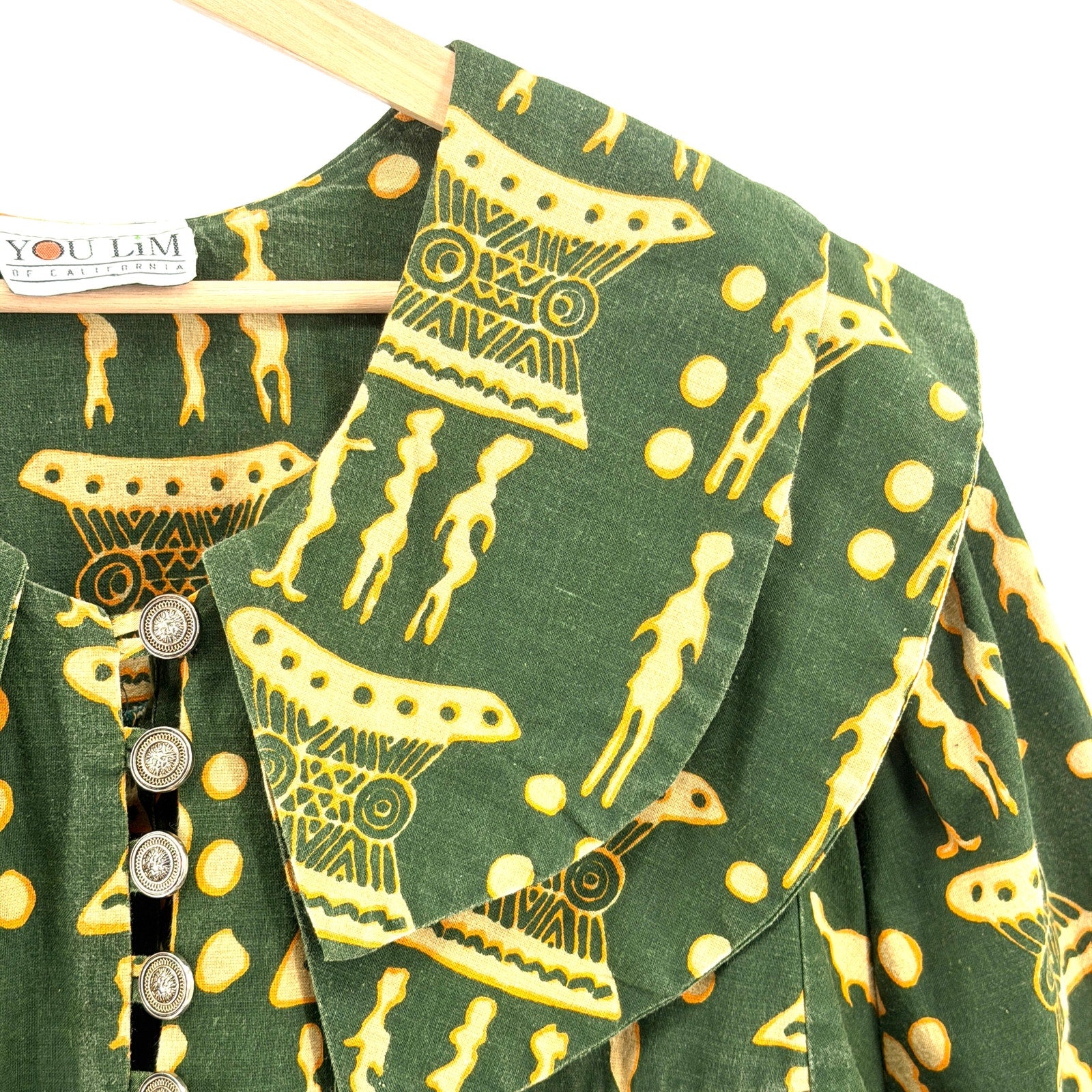 Vintage 90s You Lim California Green Yellow 100% Cotton Tribal Trapeze Dress