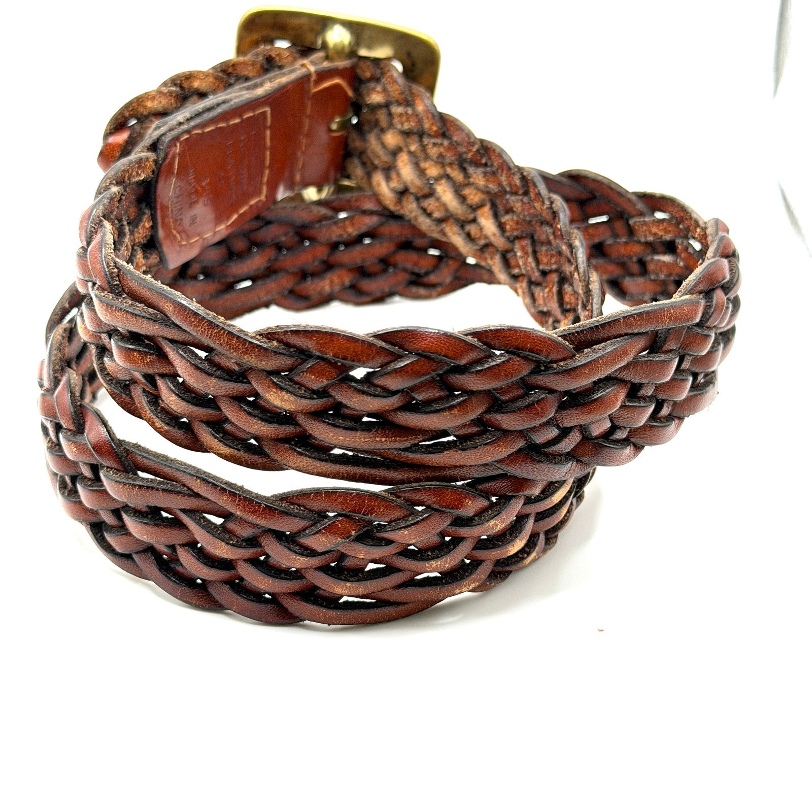 Vintage 90s Talbots Brown Genuine Leather Woven Brass Buckle Belt
