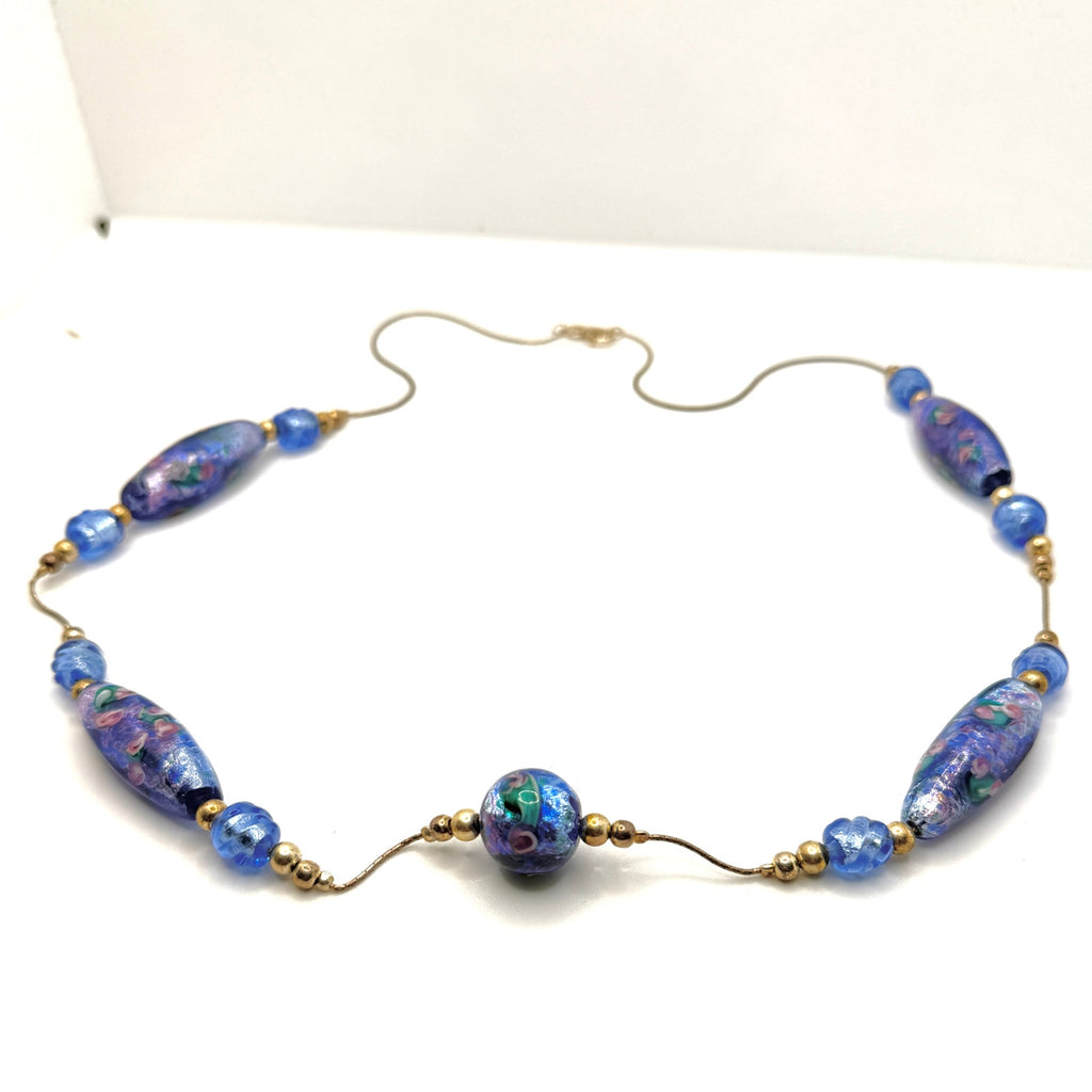 Vintage 90s Blue Glass Lampwork Floral Hand Blown Necklace