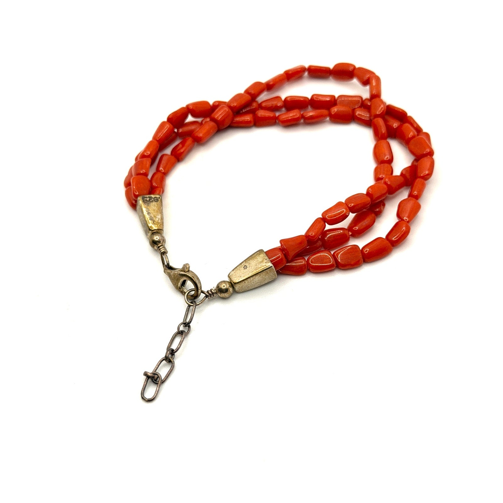Vintage 90s Stamped Sterling Silver Red Coral Three Strand Bead Bracelet