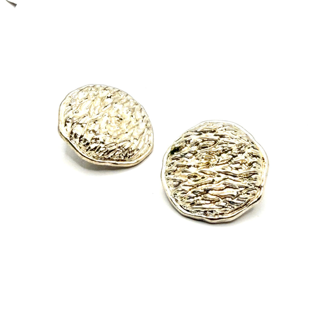 Vintage 80s Brutalist Textured Silver Tone Round Clip On Statement Earrings