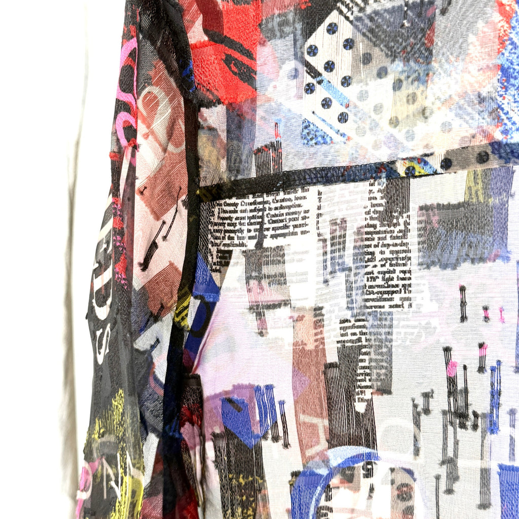 Joseph Ribkoff Black Sheer Graffiti Print Wire Collar Duster Overlay Jacket