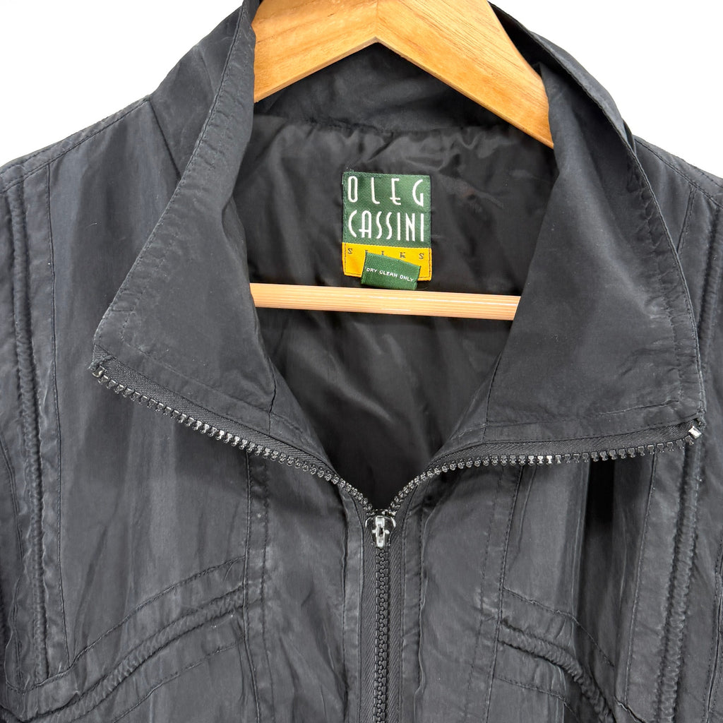 Vintage 90s Oleg Cassini Black 100% Silk Full Zip Track Bomber Jacket
