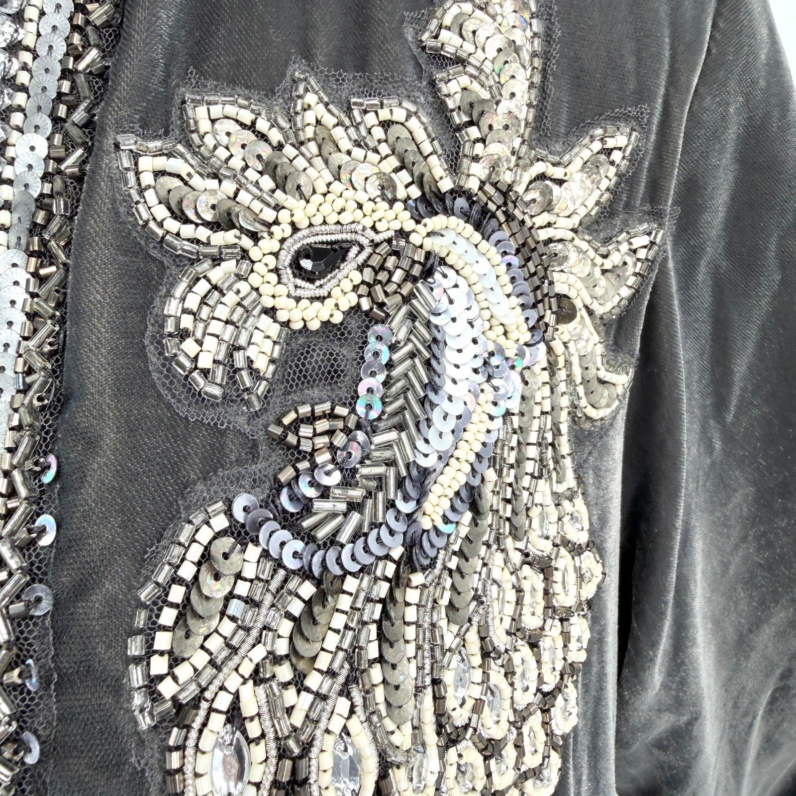 Soft Surroundings Gray Velvet Heavily Beaded Silver Duster Coat