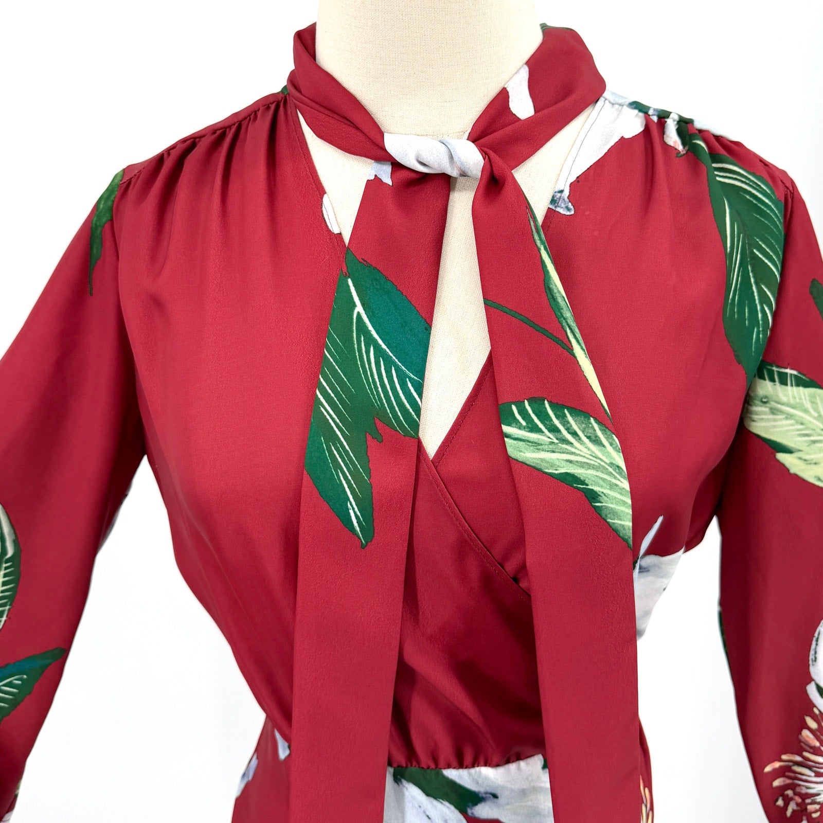 Lola Li Maroon Floral Satin Pussybow Tie Wrap Dress
