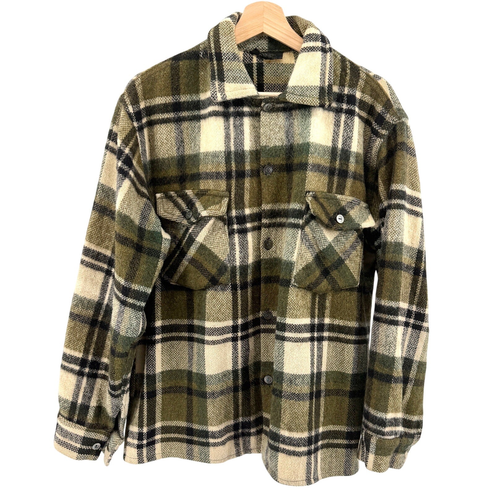 Vintage 70s Pioneer Sportswear Green 100% Wool Plaid Flannel Shirt Jacket