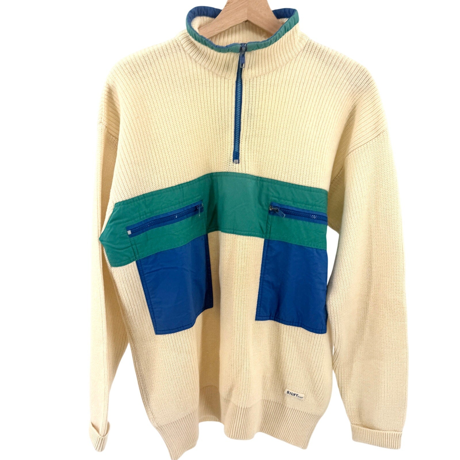 Vintage 90s Silvy Tricot Cream 100% Pure Wool Colorblock Ski Quarter Zip Sweater