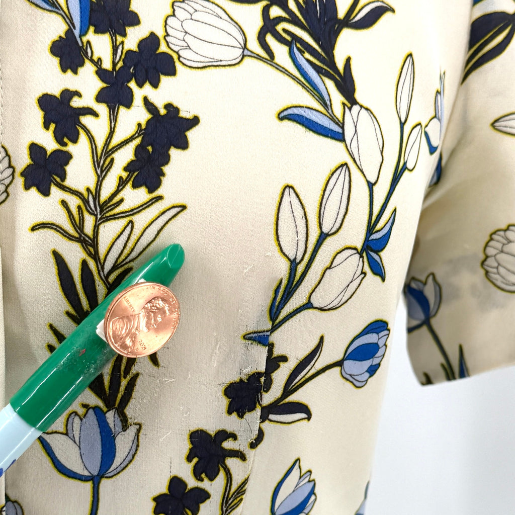 Draper James Navy Blue Cream Floral 100% Silk Lace Sleeve Shirt Dress