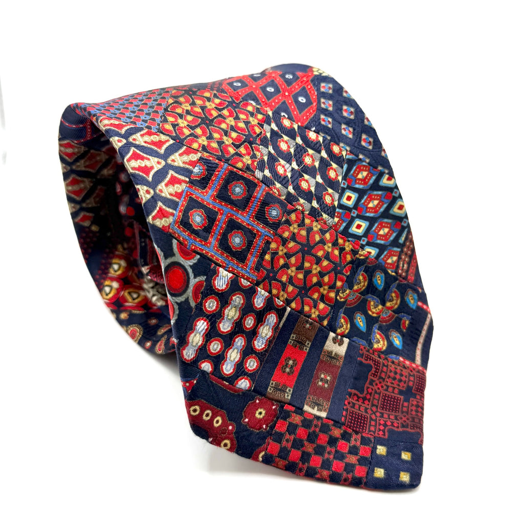 Vintage 90s Stefano Ricci Navy Red 100% Silk Patchwork Geometric Luxury Necktie