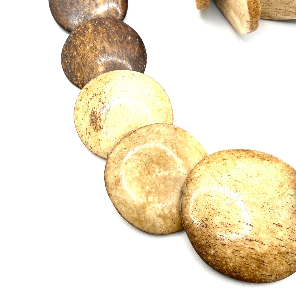 Vintage 90s Hand Carved Natural Bone Graduated Flat Disc Necklace Bracelet Set