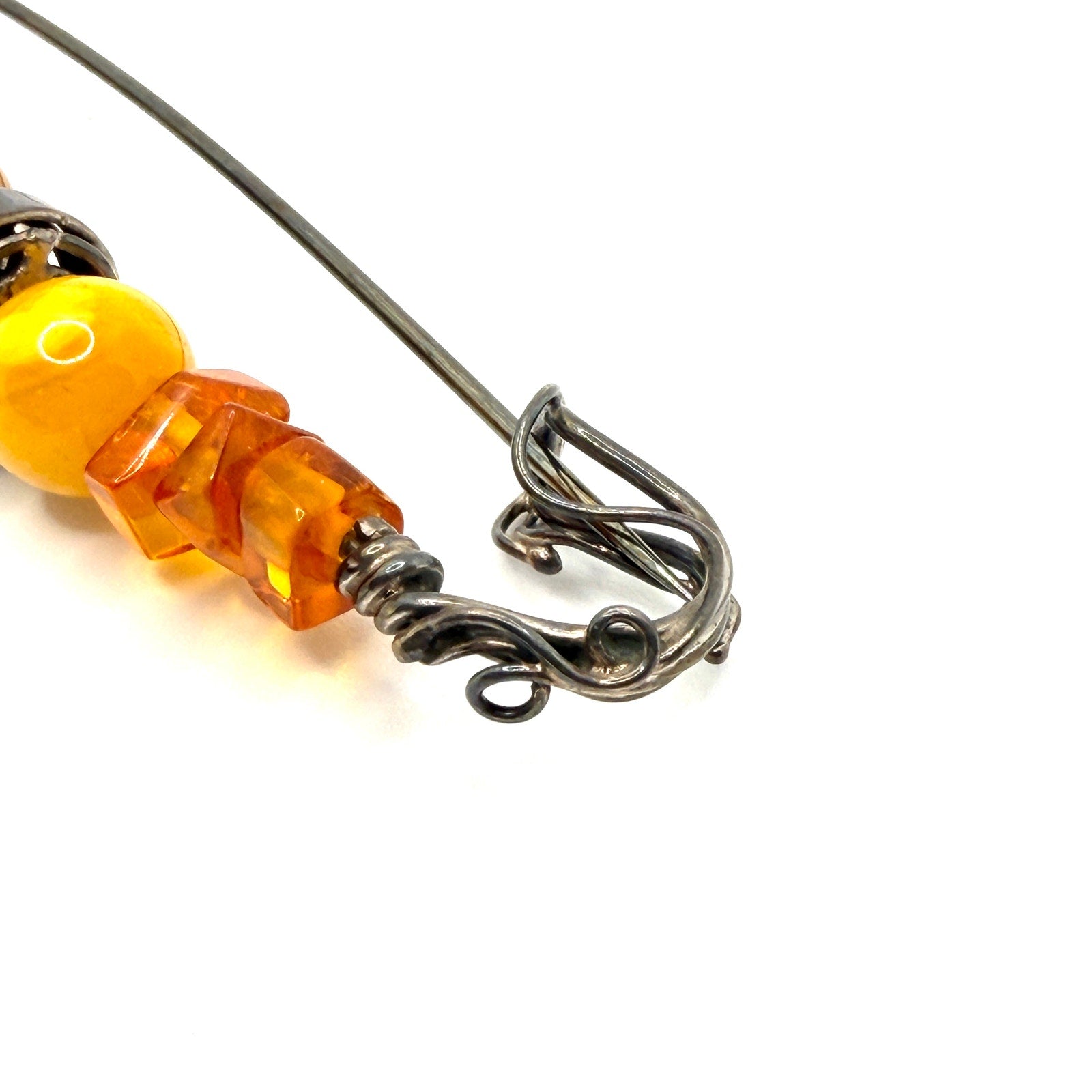 Vintage Stamped Sterling Silver Butterscotch Amber Artisan Kilt Pin Brooch