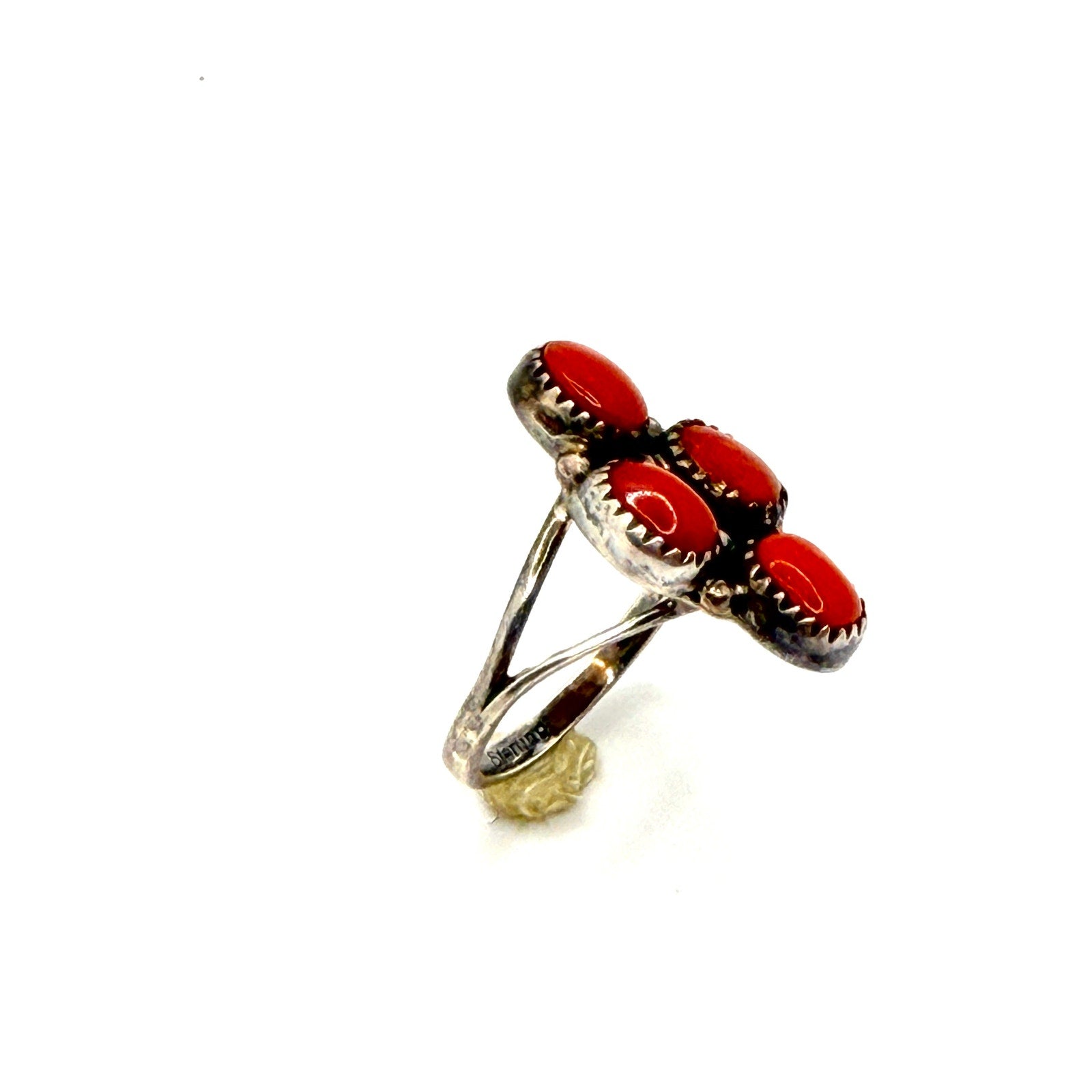 Vintage 70s Signed WR Sterling Silver Red Coral Cluster Southwestern Ring