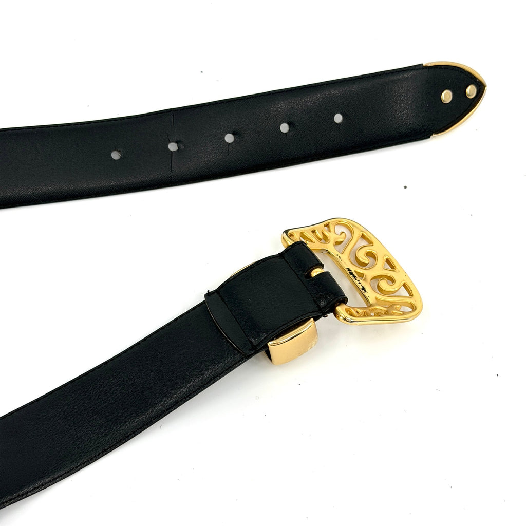 Vintage 90s Donna Katz Black Western Ornate Gold Filigree Hardware Belt