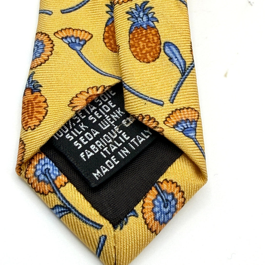 Longchamp Paris Yellow Silk Pineapple Sunflower Print Necktie