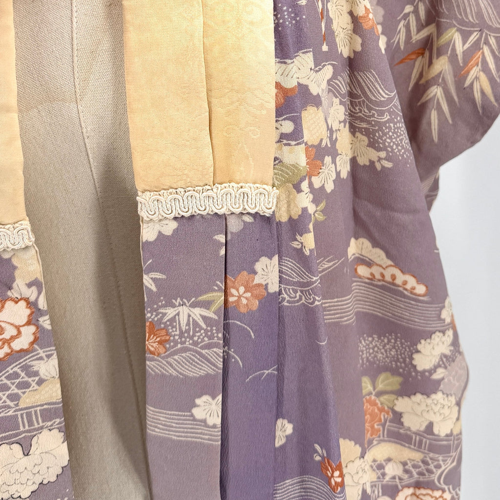 Vintage 50s Showa Era Purple 100% Silk Floral Nagajuban Loungewear Kimono Robe