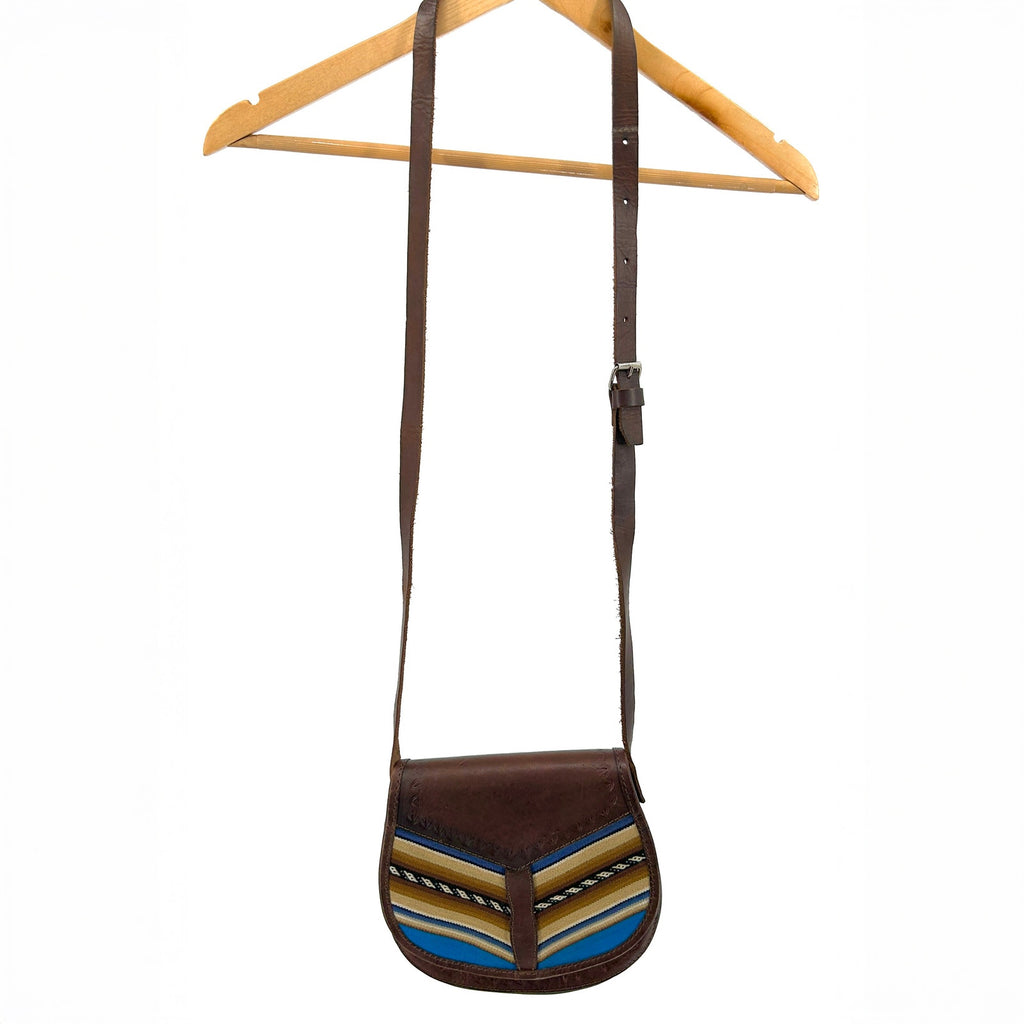 Vintage 90s Hand-Tooled Brown Leather Purse with Blue Fabric Inlay