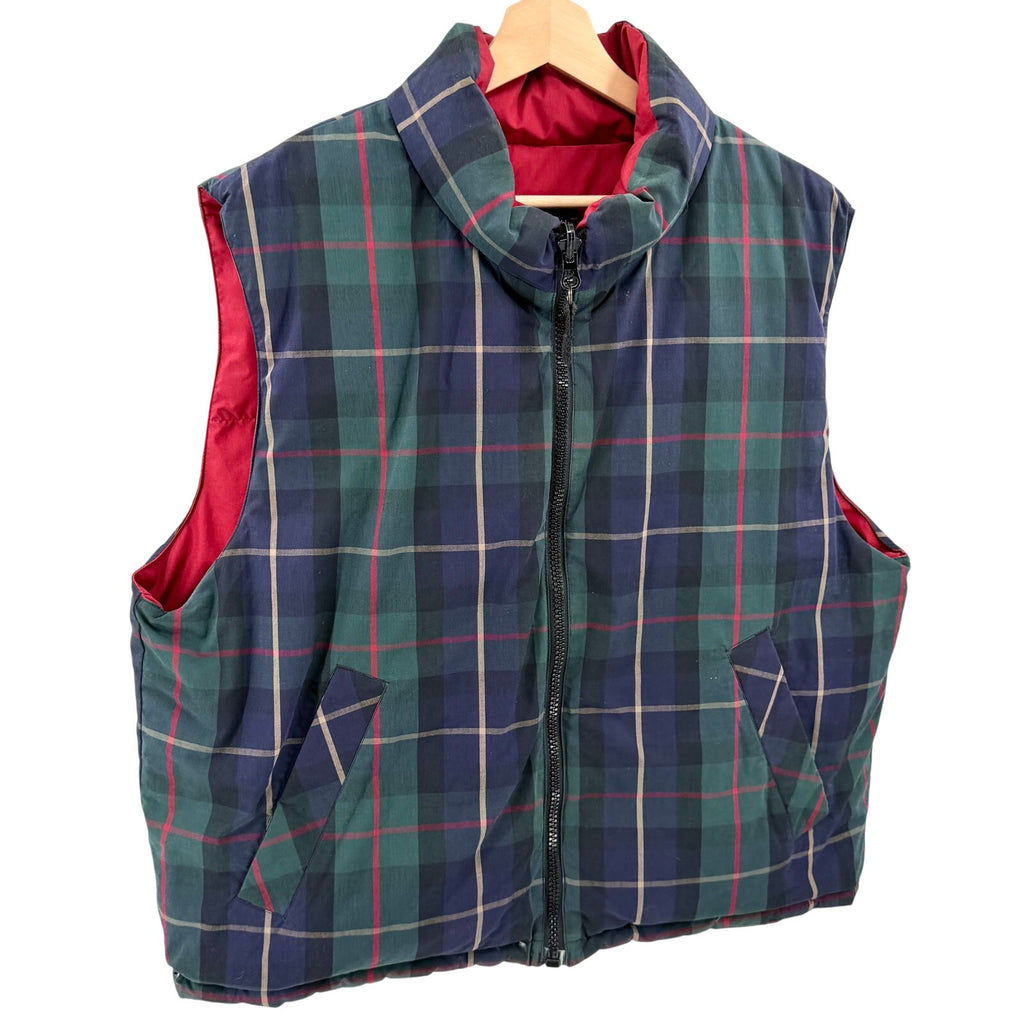 Vintage 90s Eddie Bauer Green Plaid Red Reversible Goose Down Puffer Vest
