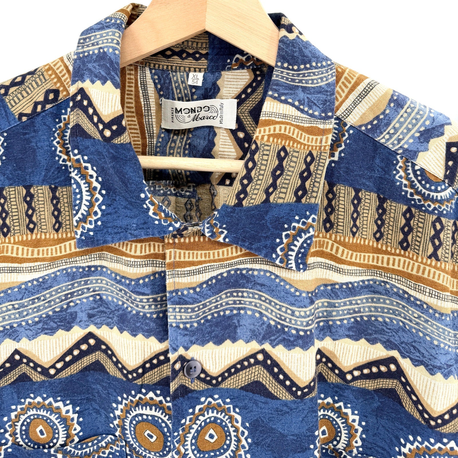 Vintage 90s Mondo di Marco Blue Tribal Italian Print Shirt