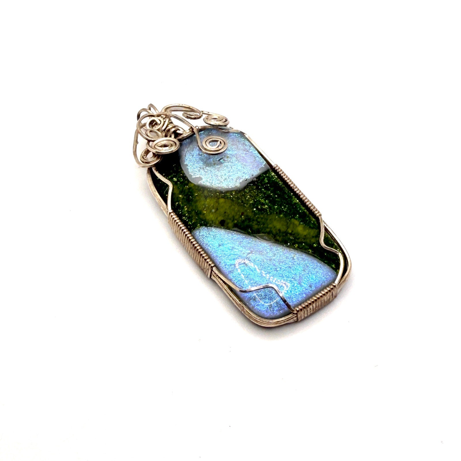 Vintage 90s Green Blue Dichroic Glass Wire Wrapped Statement Pendant