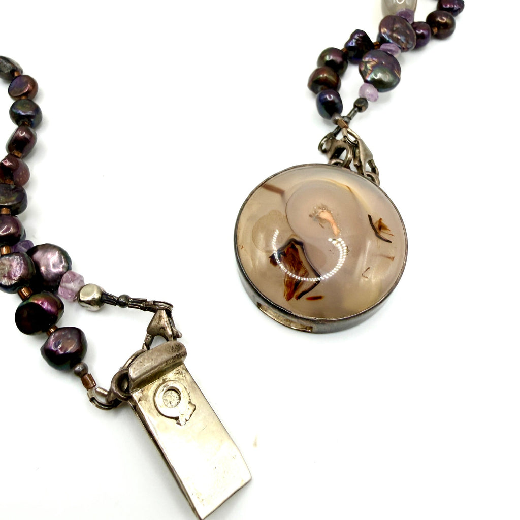 Vintage 90s Sterling Silver Agate Pearl Multi Strand Statement Necklace