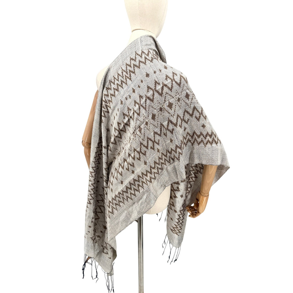 Vintage Y2K Silver Brown 100% Silk Geometric Fringe Scarf Wrap