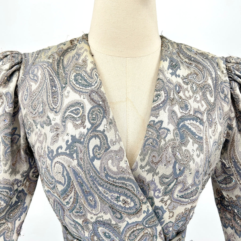 Vintage 80s Ice Blue Silver Brocade Crystal Embellished Mink Cuff Gown Dress