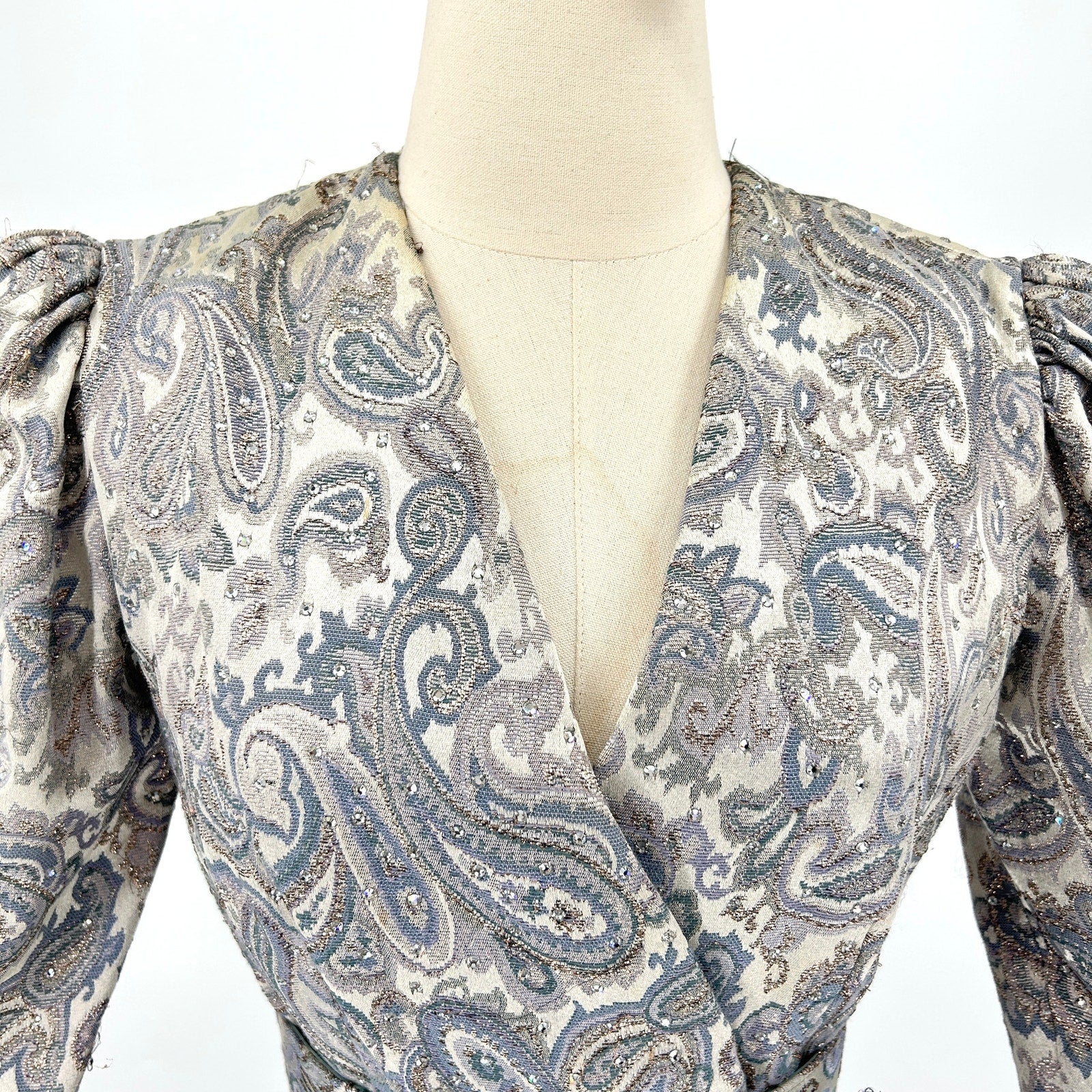 Vintage 80s Ice Blue Silver Brocade Crystal Embellished Mink Cuff Gown Dress