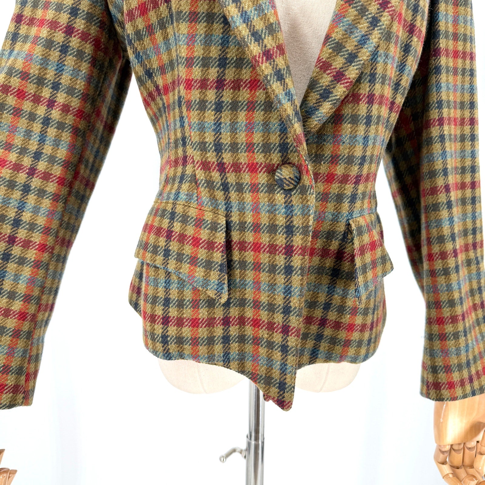 Vintage 80s Le Passe-Partout Olive Wool Plaid Peplum Blazer