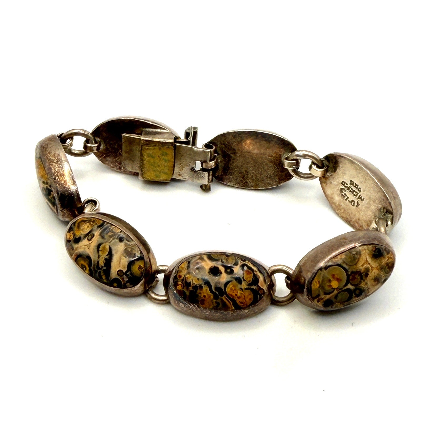 Vintage 90s Mexico Tan Sterling Silver Southwest Stamped Jasper Link Bracelet