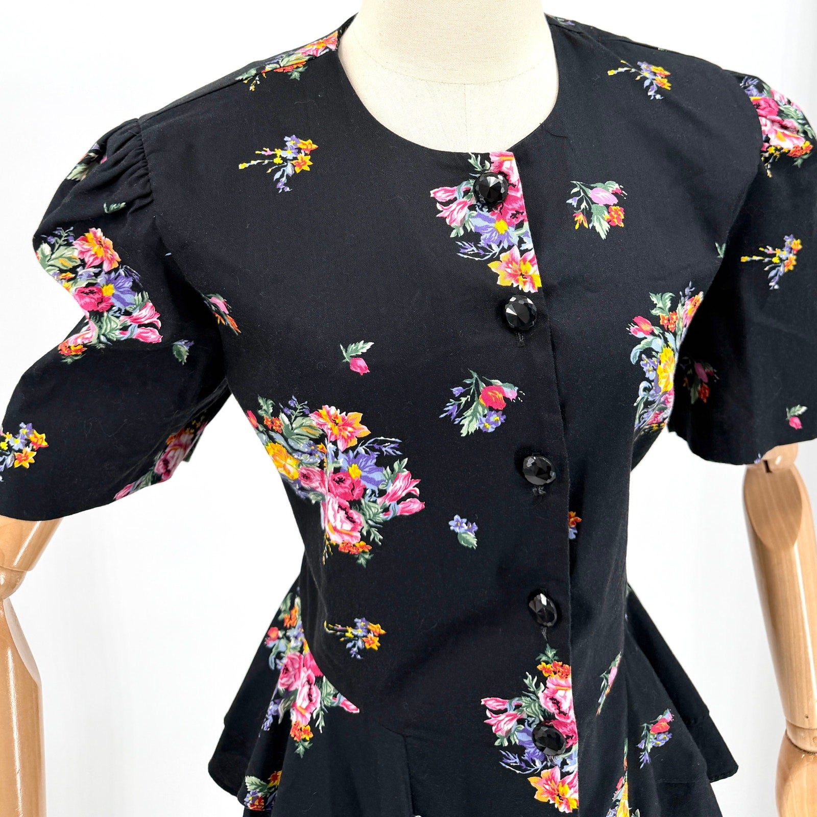 Vintage 80s Lady Carol Black 100% Cotton Floral Peplum Puff Sleeve Jacket