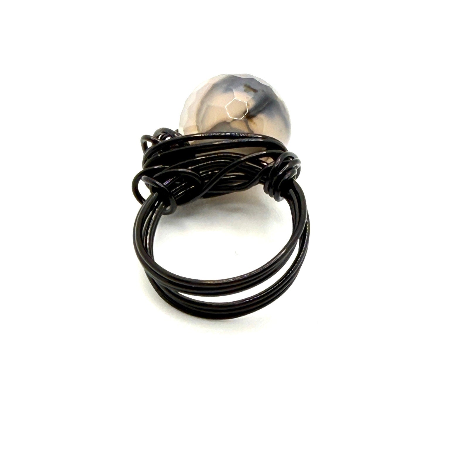 Vintage 90s Black Dendritic Agate Boho Wire Wrapped Faceted Orb Ring
