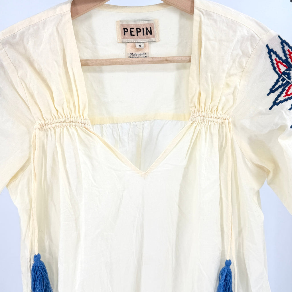 Pepin Cream 100% Cotton Red Blue Embroidered Tunic Blouse