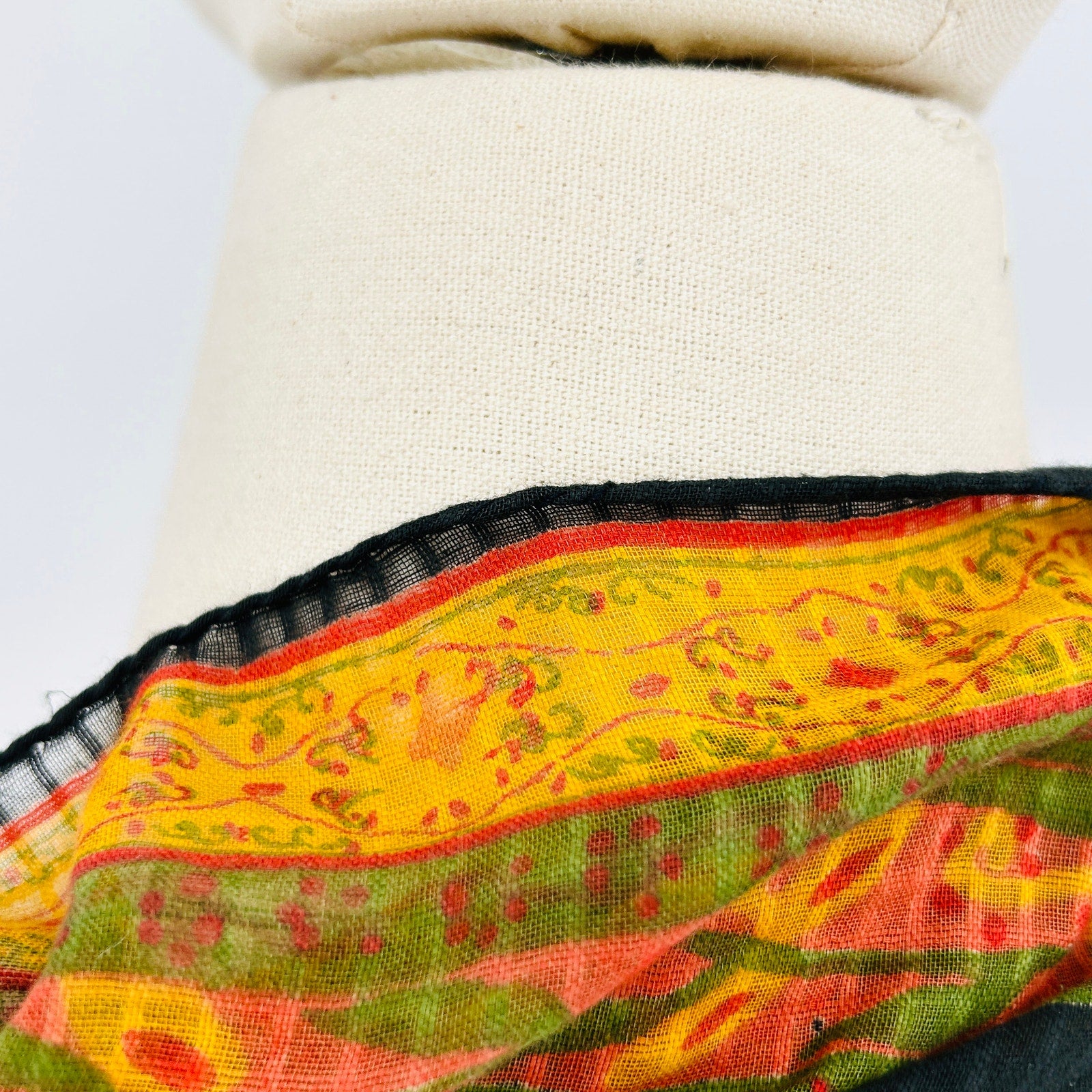 Vintage 70s Black Yellow Floral Handrolled Cotton Scarf