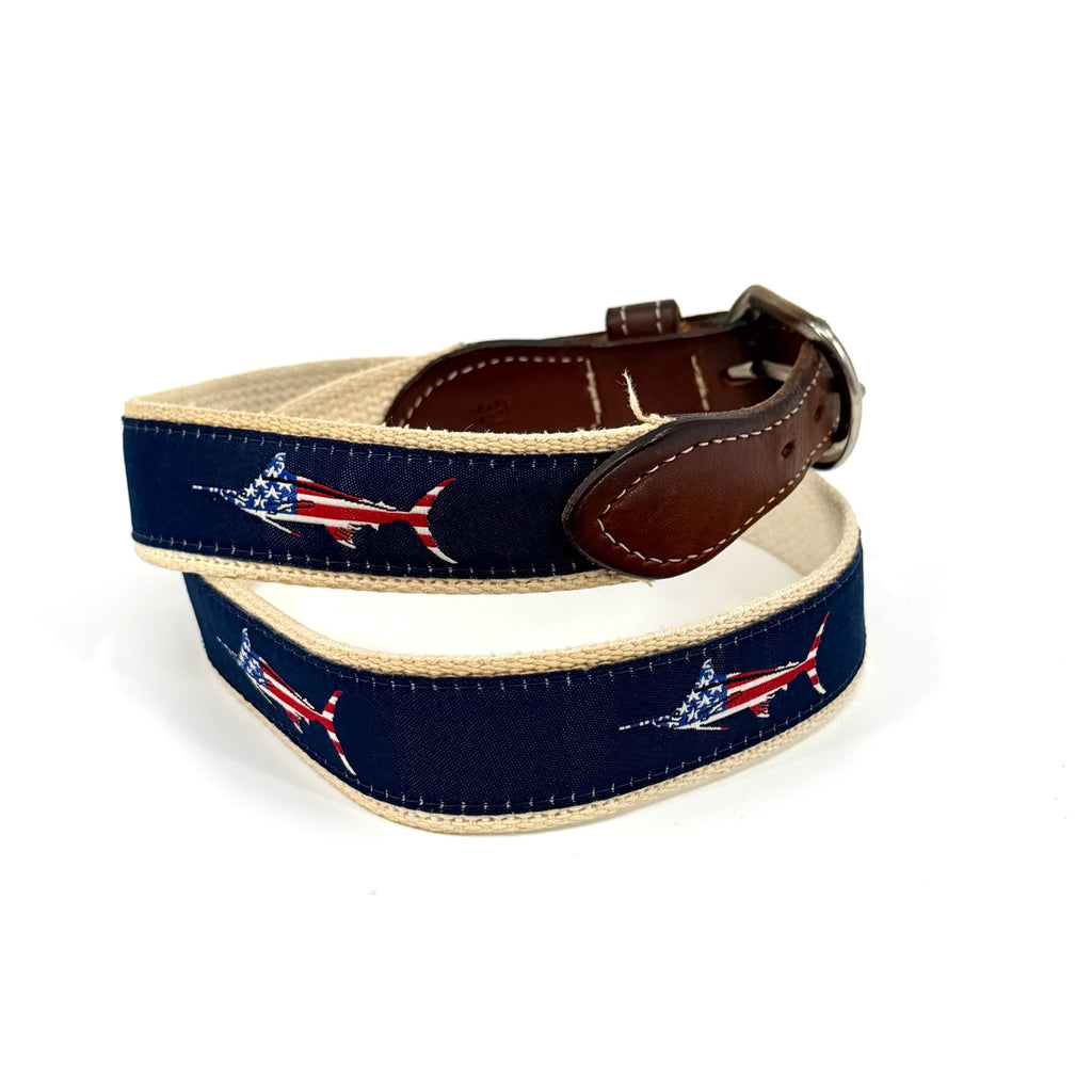 Vintage 90s Tan Navy Blue Genuine Leather Patriotic Marlin Web Belt