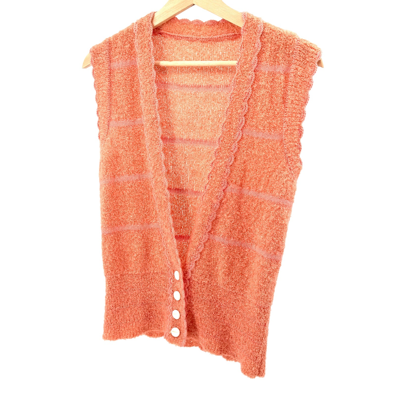 Vintage 70s Orange Sherbet Boho Scalloped Trim Button Front Sweater Vest
